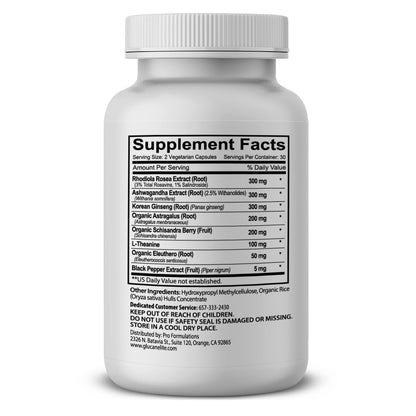 Pro Formulations MD Adaptogen Elite dietary supplement bottle displaying the clean 1455 milligram herbal ingredient panel.