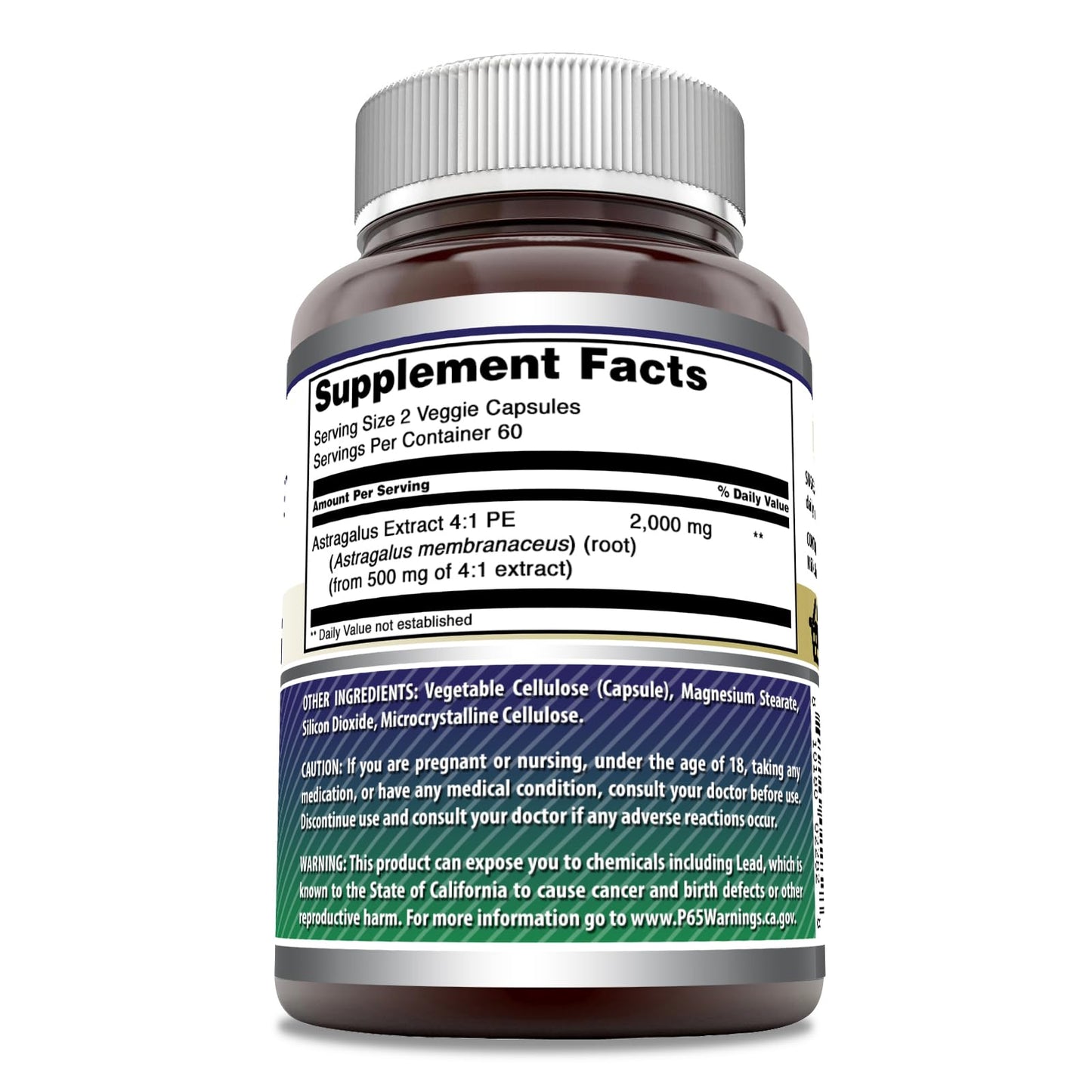 Amazing Nutrition imported USA Astragalus root capsules dietary supplement clear ingredient list label view.