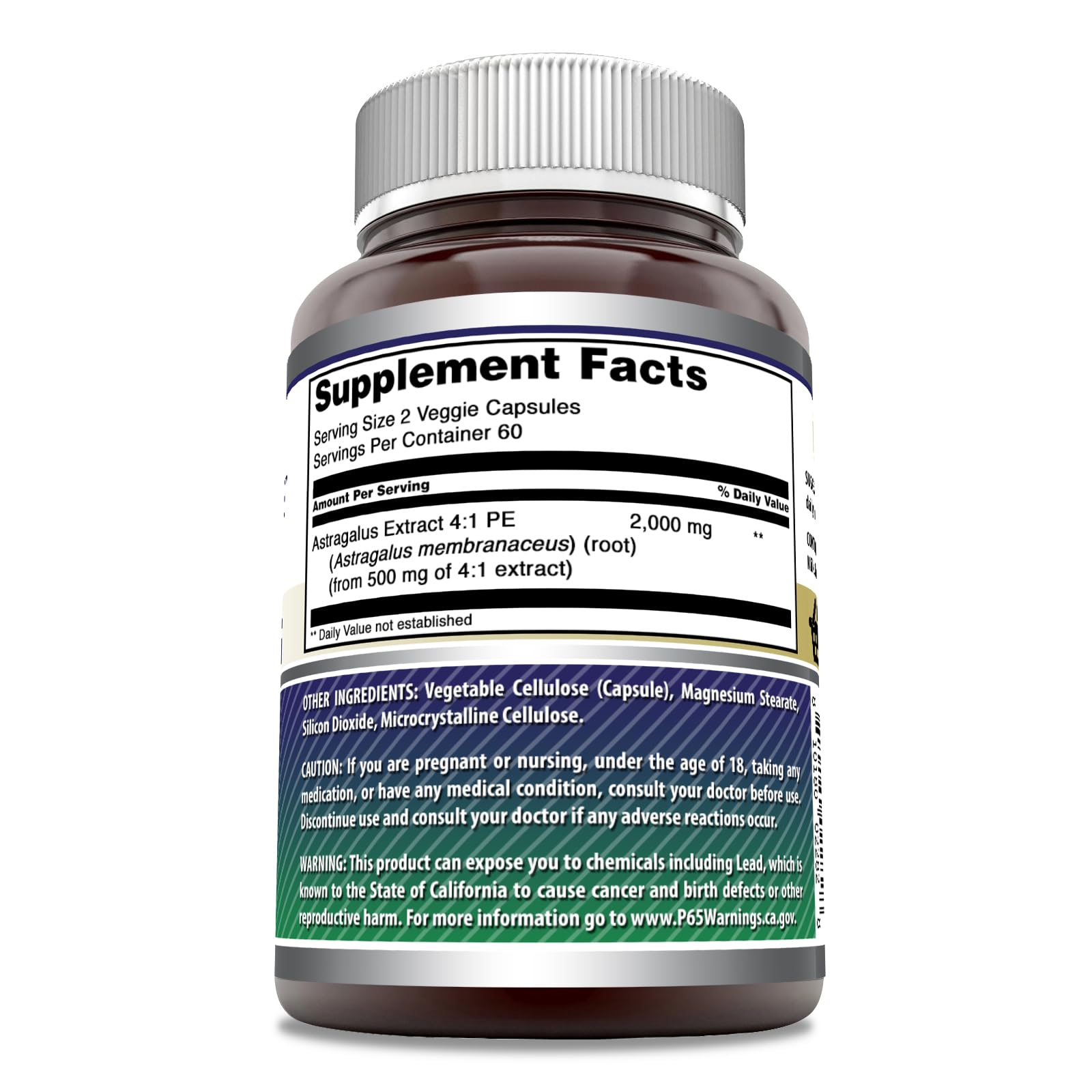 Amazing Nutrition imported USA Astragalus root capsules dietary supplement clear ingredient list label view.