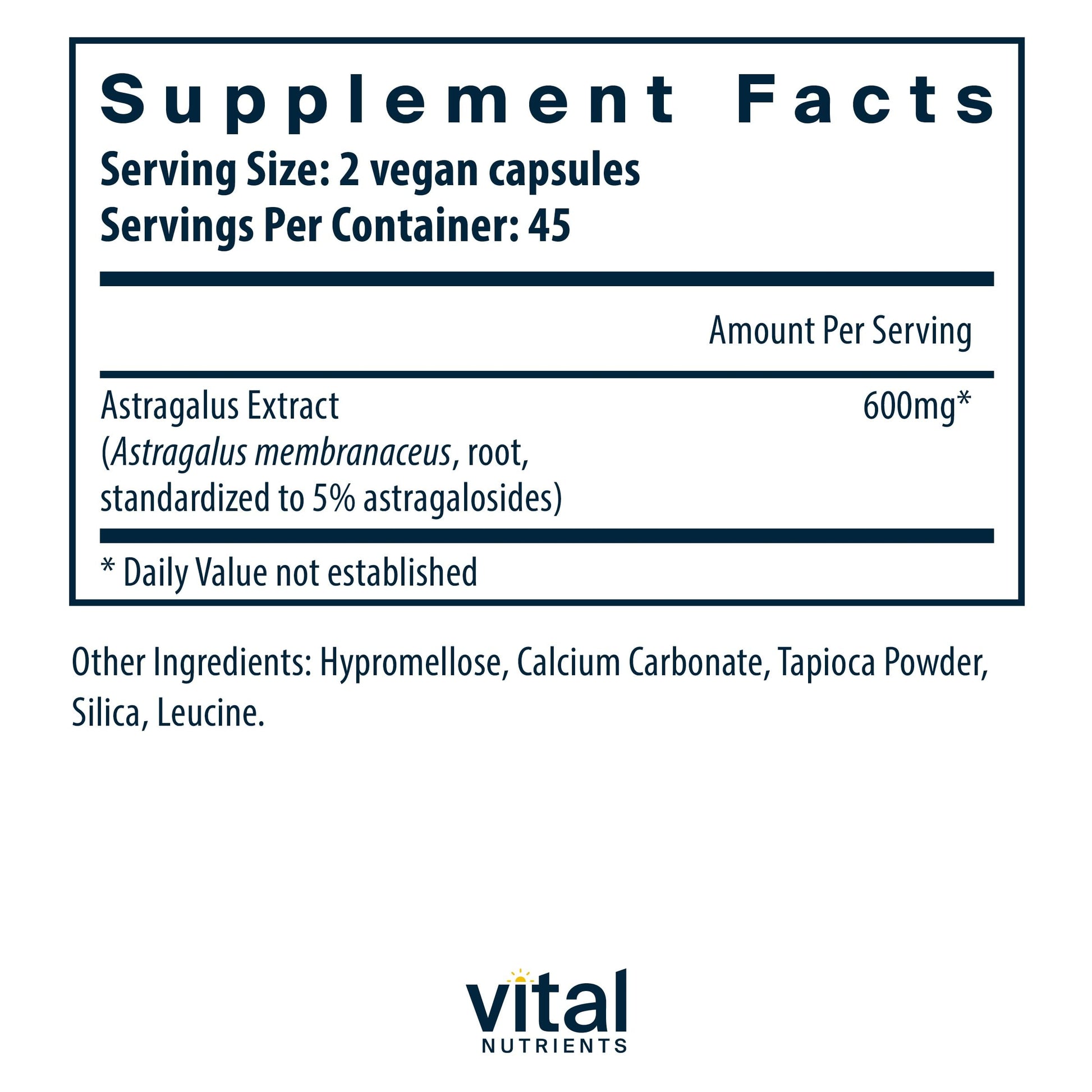 Side view of Vital Nutrients Astragalus 300 mg supplement facts panel displaying ingredients and standardized extract percentages
