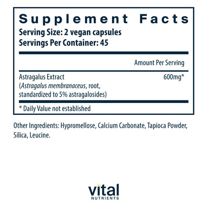 Side view of Vital Nutrients Astragalus 300 mg supplement facts panel displaying ingredients and standardized extract percentages