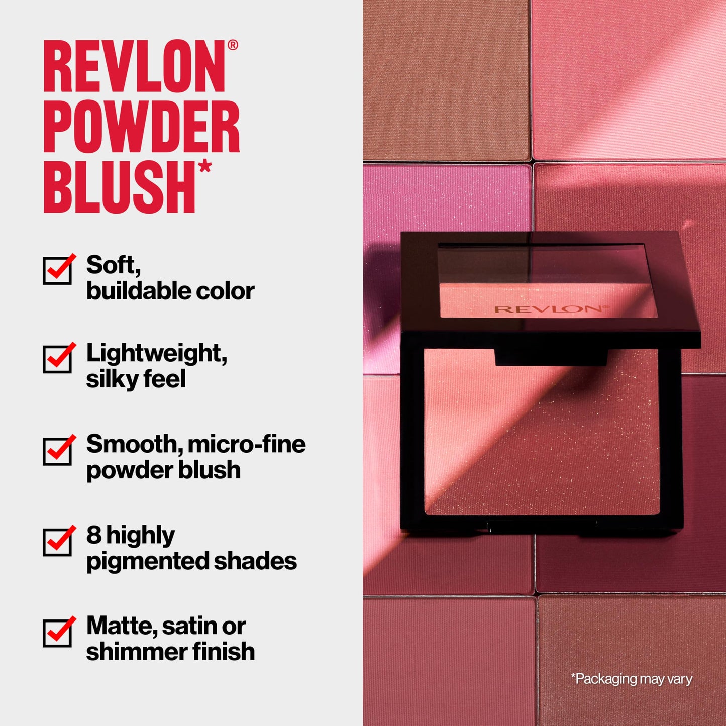 Swatches of Revlon lightweight buildable powder blush showing color intensity on different skin tones