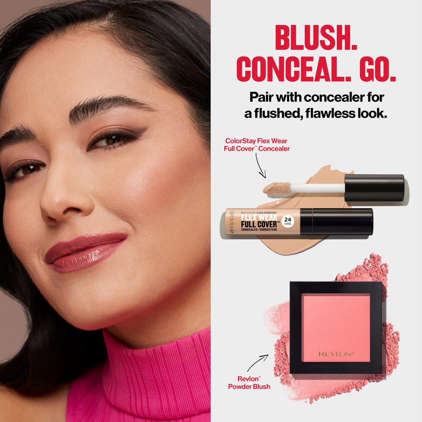 Applying authentic Revlon face blush using a vegan contour brush on the cheekbones
