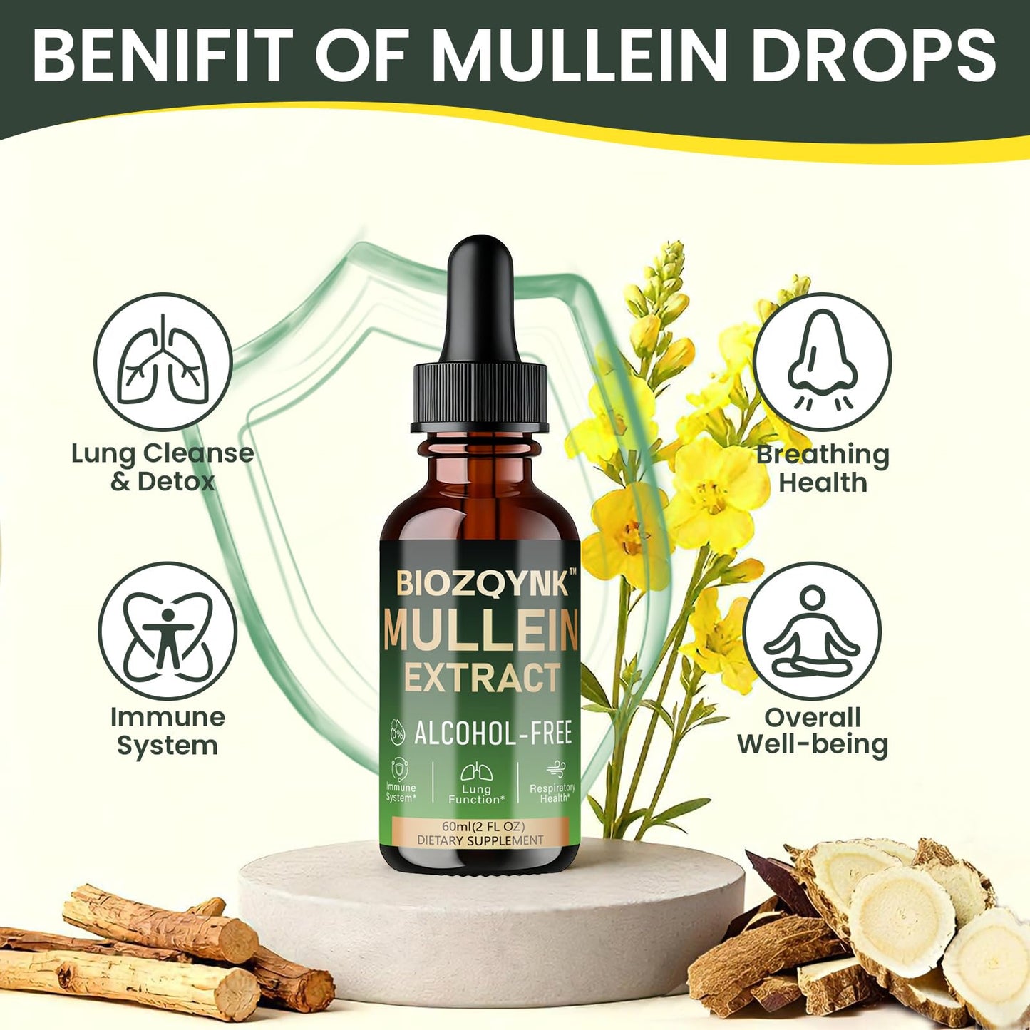 Supplement facts label on the back of Biozqynk Mullein Extract bottle.
