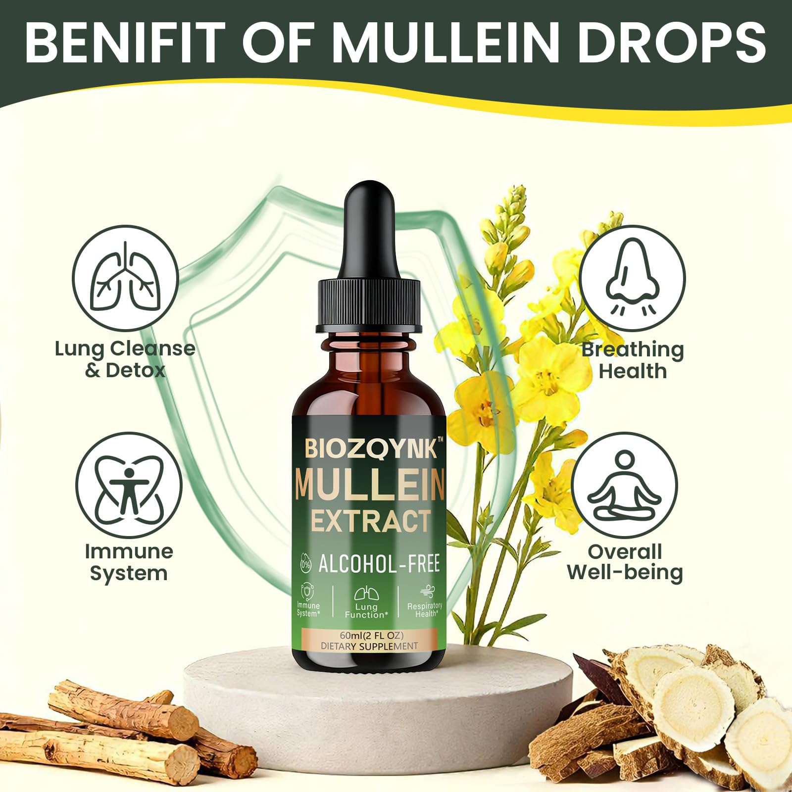 Supplement facts label on the back of Biozqynk Mullein Extract bottle.