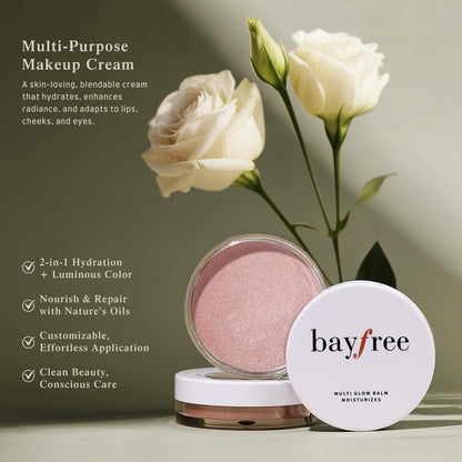 Bayfree cream blush balm being applied to the cheeks for a radiant glassy finish.