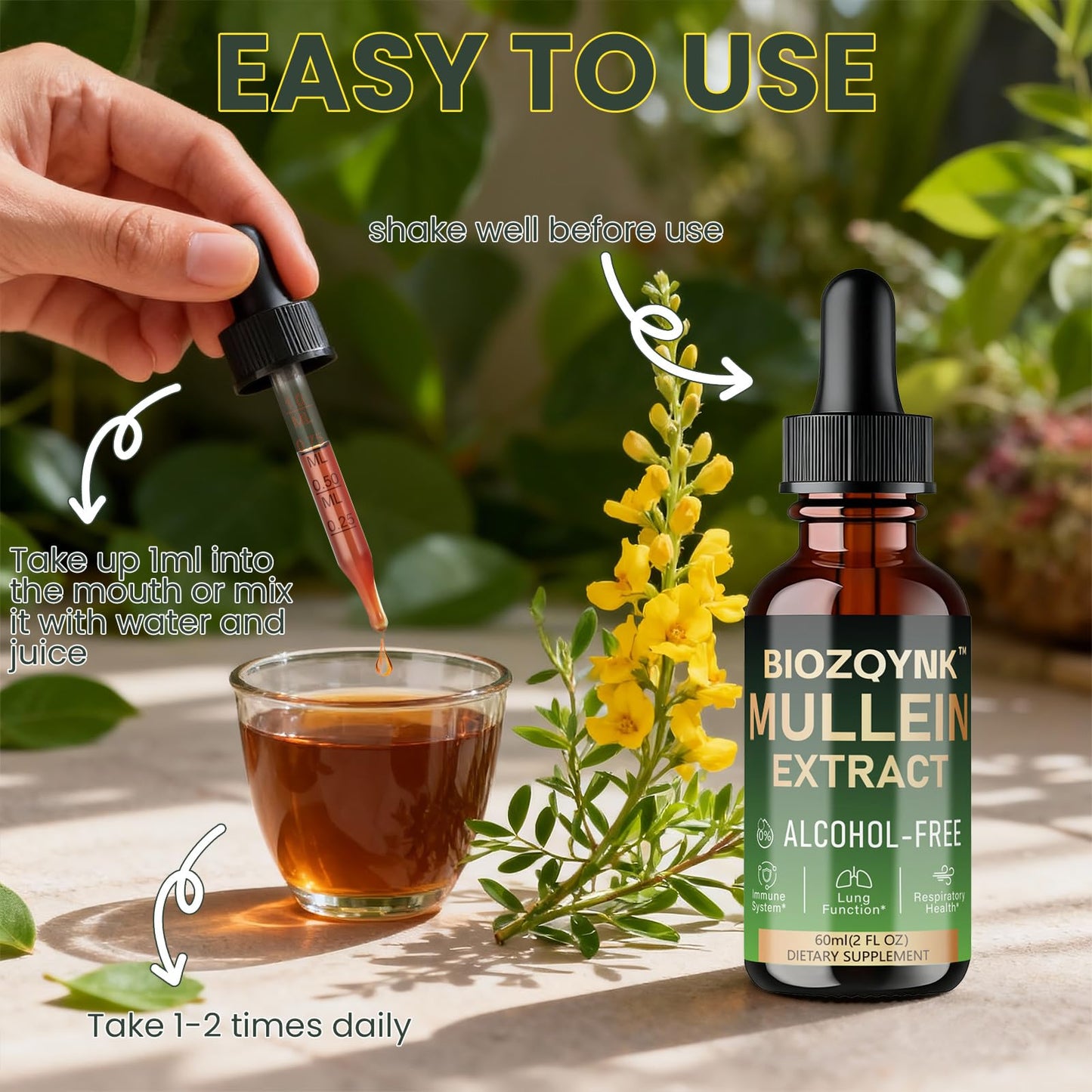Biozqynk dietary supplement bottle highlighting vegan and non GMO features.
