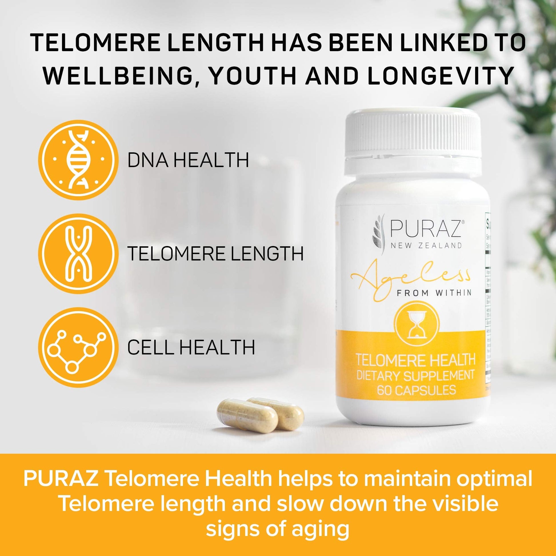 Premium USA imported Puraz DNA repair dietary capsules for advanced skin rejuvenation and longevity.