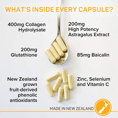 Close up view of authentic Puraz New Zealand ageless cellular health capsule supplement packaging.