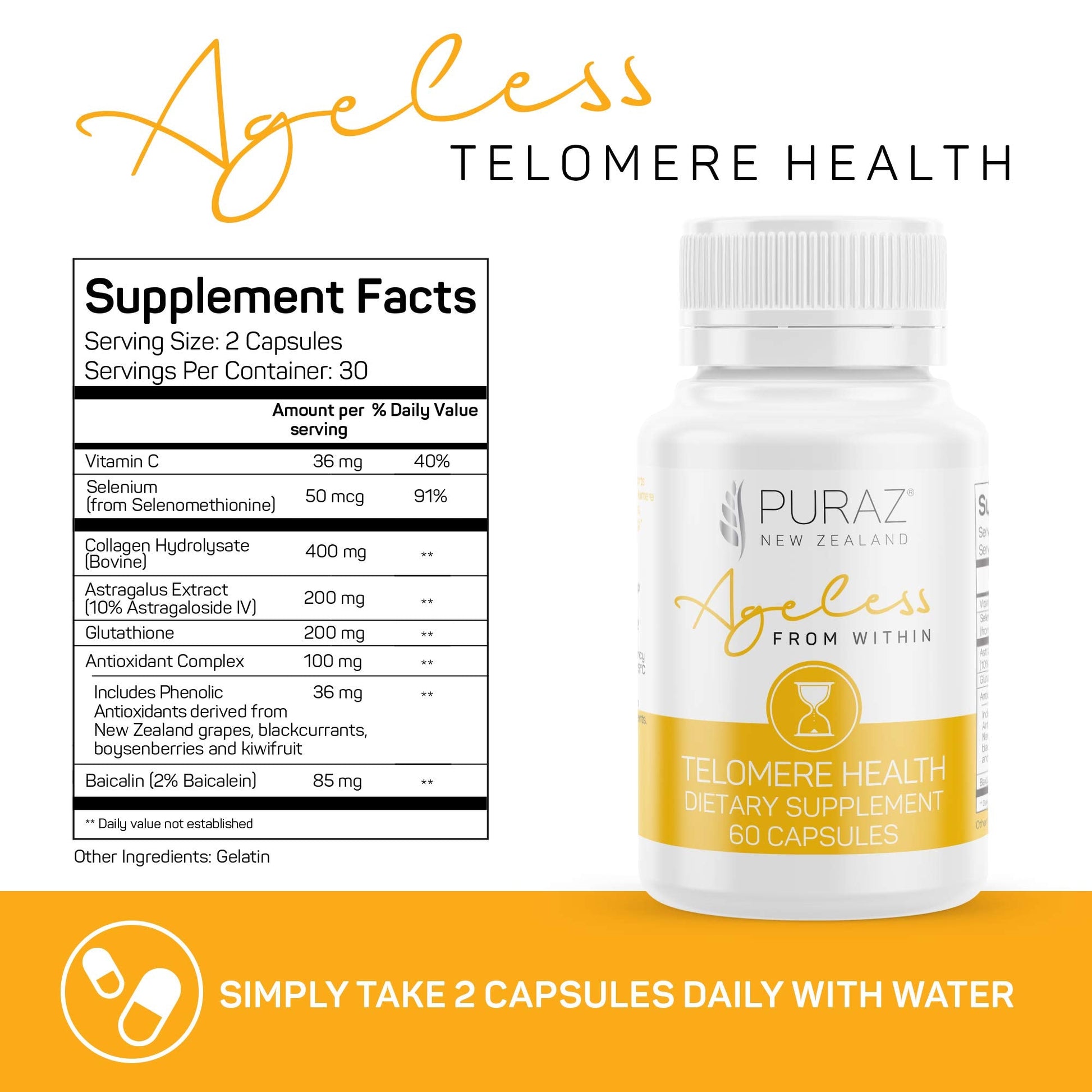 Nutritional facts panel of Puraz cellular integrity capsules highlighting glutathione and selenium content.