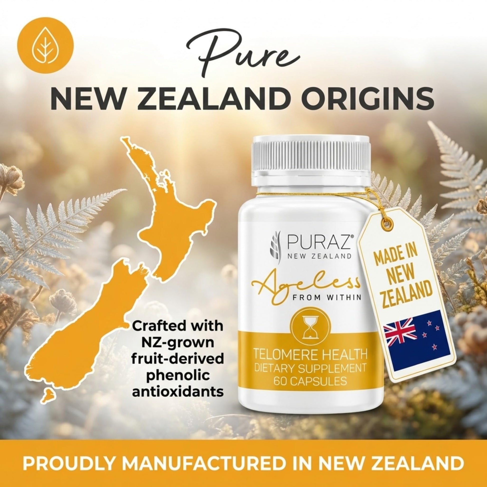 Puraz natural health and beauty anti aging defense supplement bottle showcasing product capsule count.