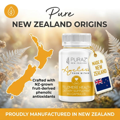 Puraz natural health and beauty anti aging defense supplement bottle showcasing product capsule count.
