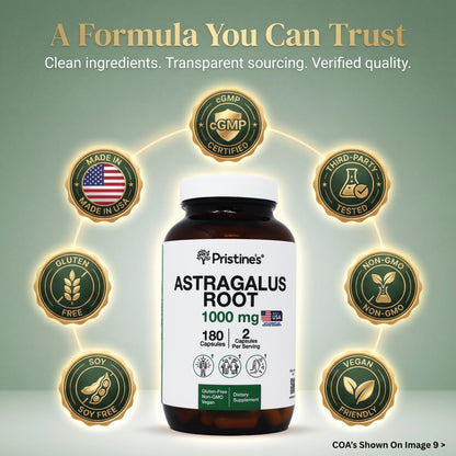 Pristine's Astragalus Root 1000mg supplement supplement facts panel detailing ingredients