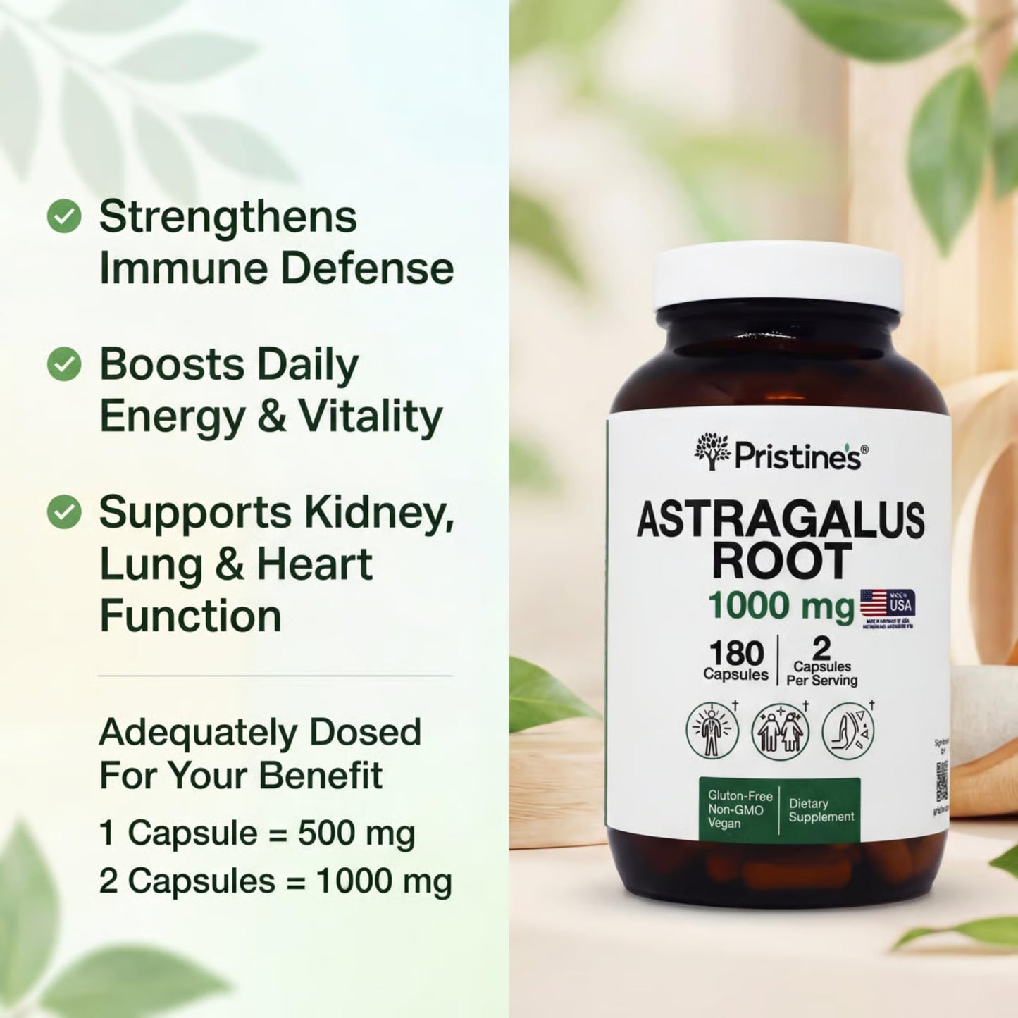 Pristine's Astragalus Root herbal adaptogen capsules side label showing non-GMO certification