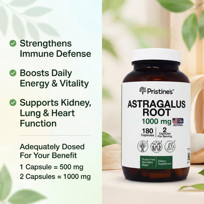 Pristine's Astragalus Root herbal adaptogen capsules side label showing non-GMO certification