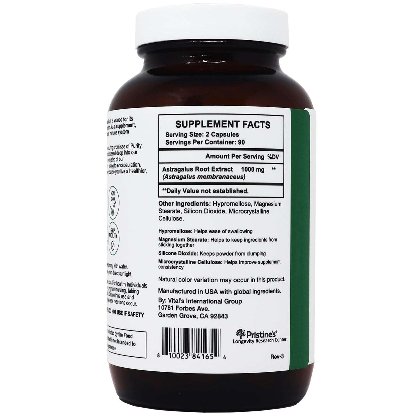Pristine's Astragalus Root herbal adaptogen bottle base showing manufacture batch number
