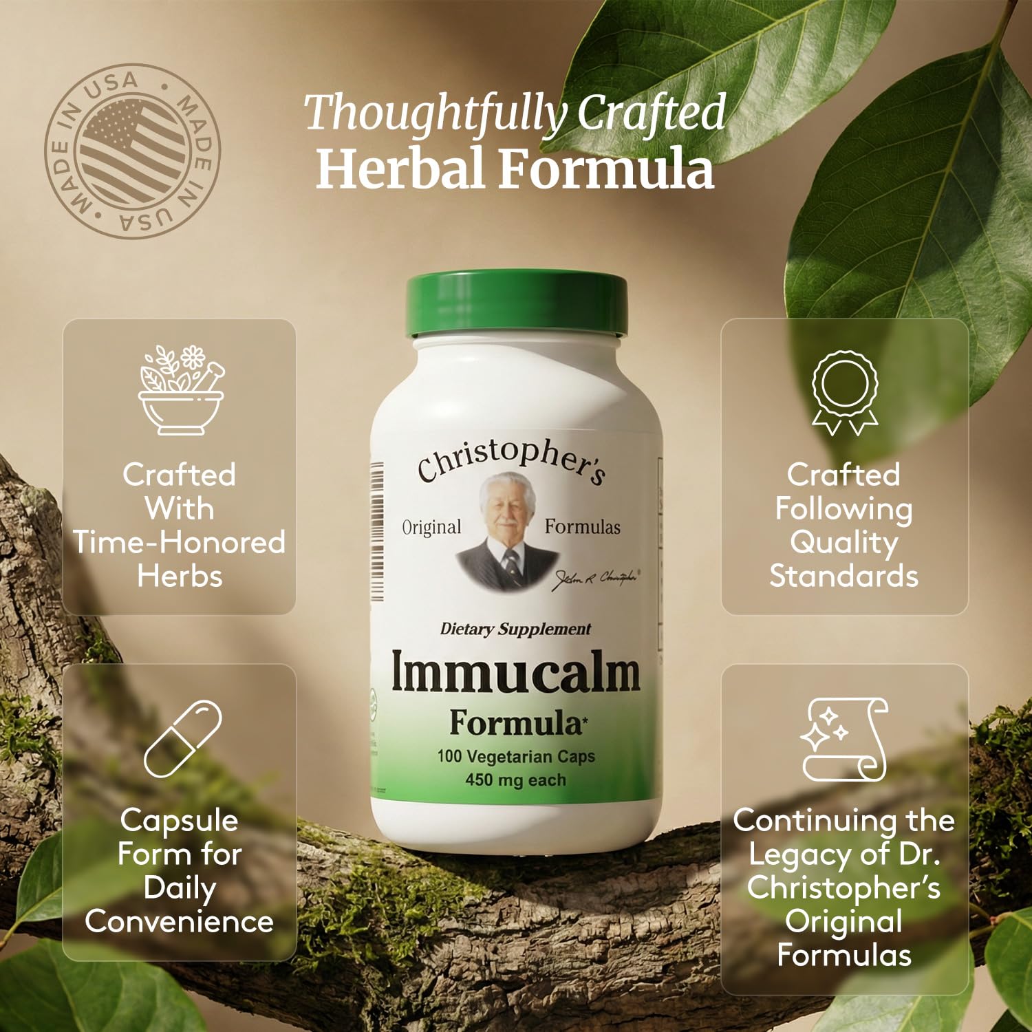 Christopher's Original Formulas Immucalm capsule container highlighting marshmallow root and astragalus root ingredients