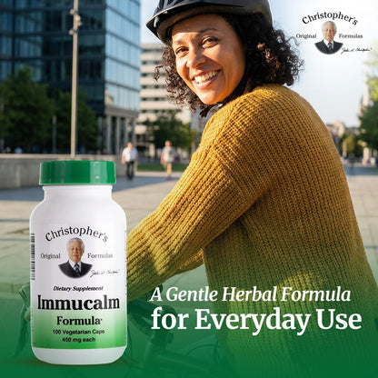 Christopher's Original Formulas Immucalm herbal capsules sealed safety cap and genuine product packaging detail
