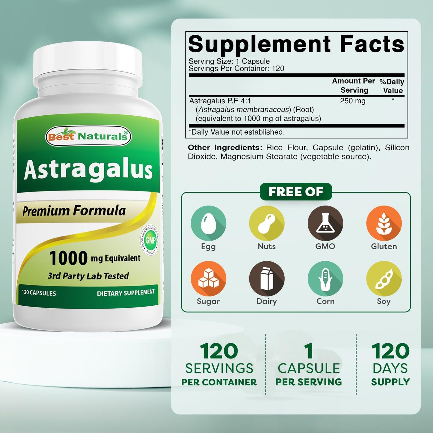 Best Naturals Astragalus bottle showing premium formula label details