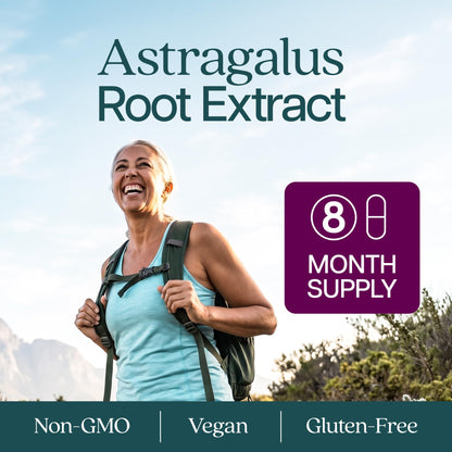 Purely Holistic Astragalus root extract supplement bottle side label indicating 20 into 1 concentration and vegan certification