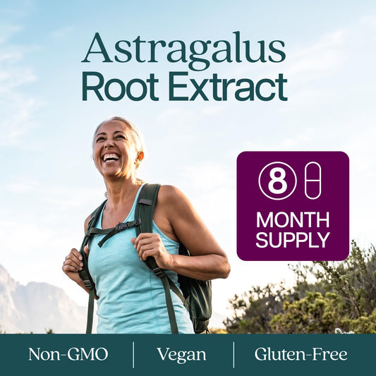 Purely Holistic Astragalus root extract supplement bottle side label indicating 20 into 1 concentration and vegan certification
