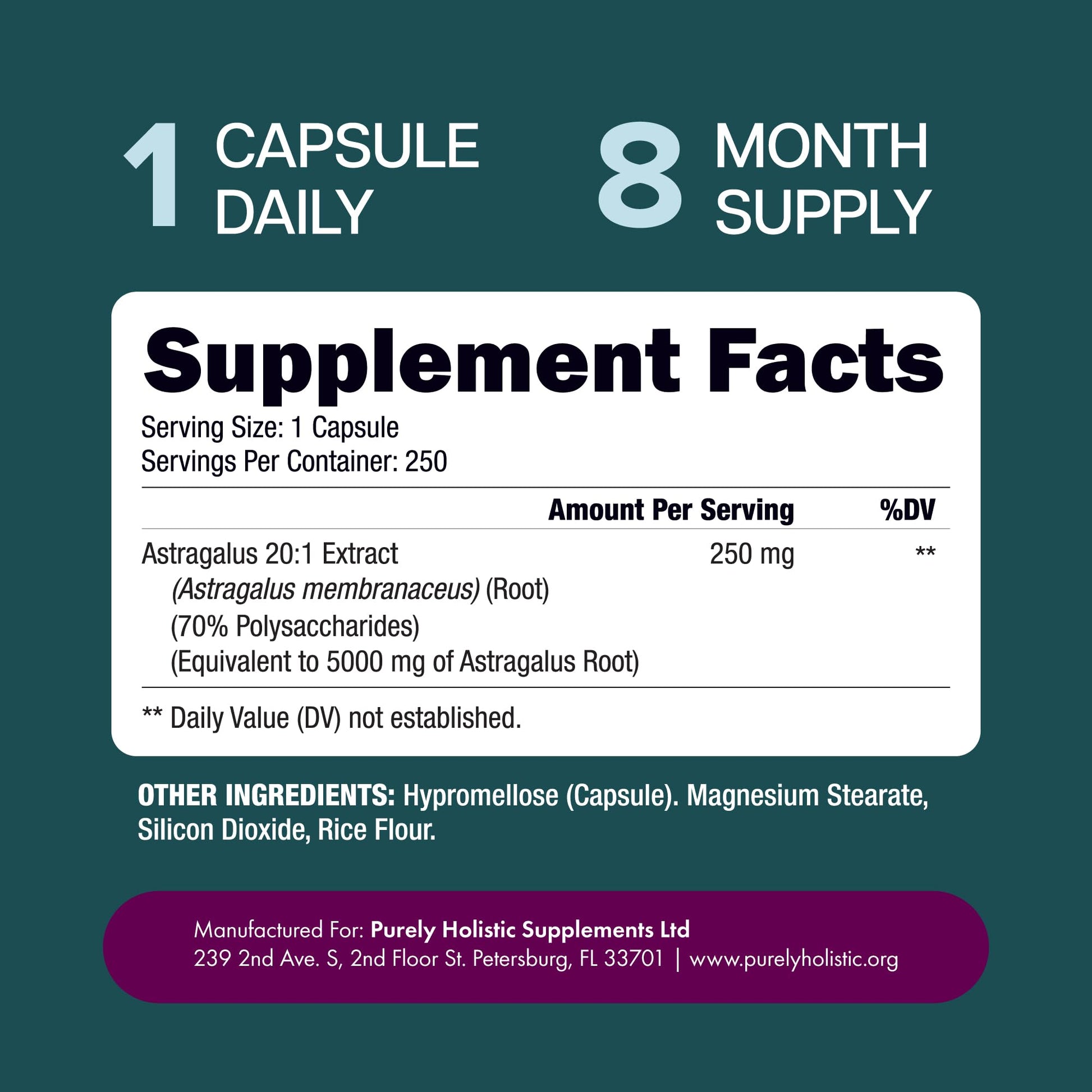 Purely Holistic adaptogen vitality support capsules displayed next to the product packaging graphic illustration