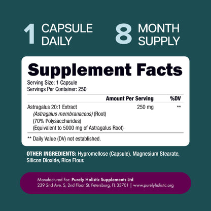 Purely Holistic adaptogen vitality support capsules displayed next to the product packaging graphic illustration