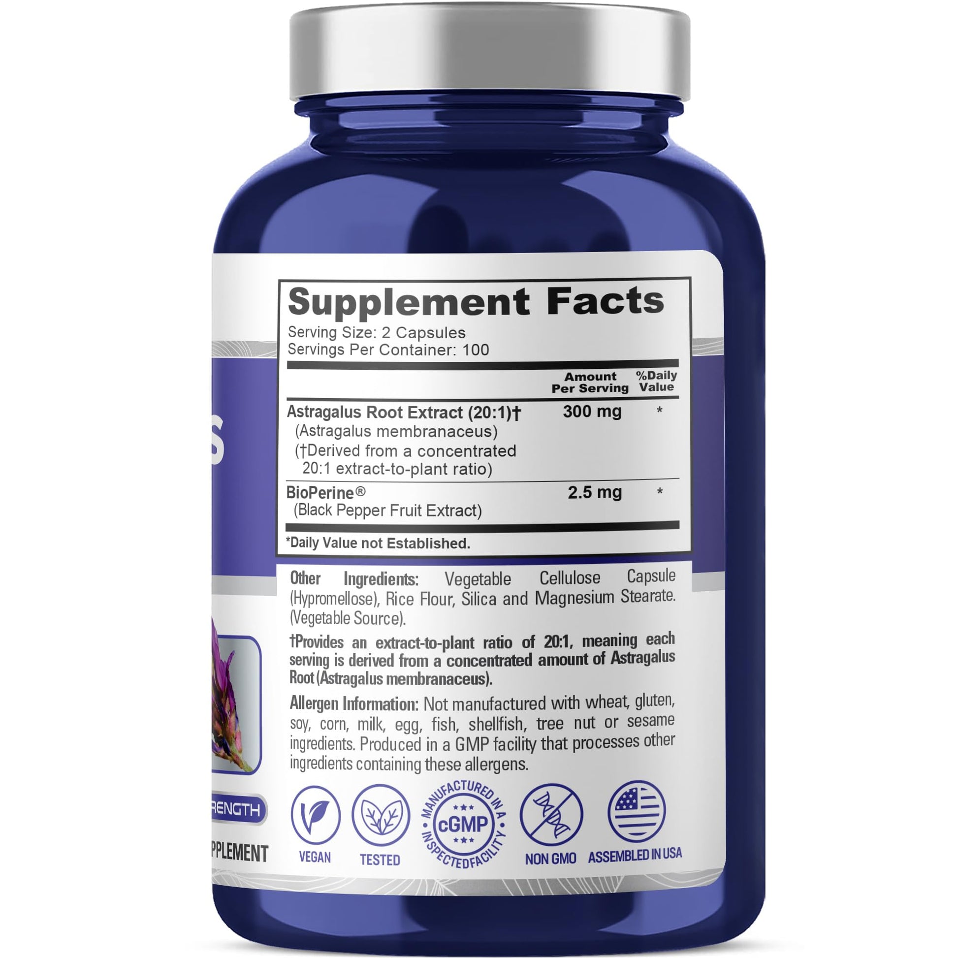 NusaPure Astragalus 6000mg equivalent vegetarian capsules supplement label showing ingredients