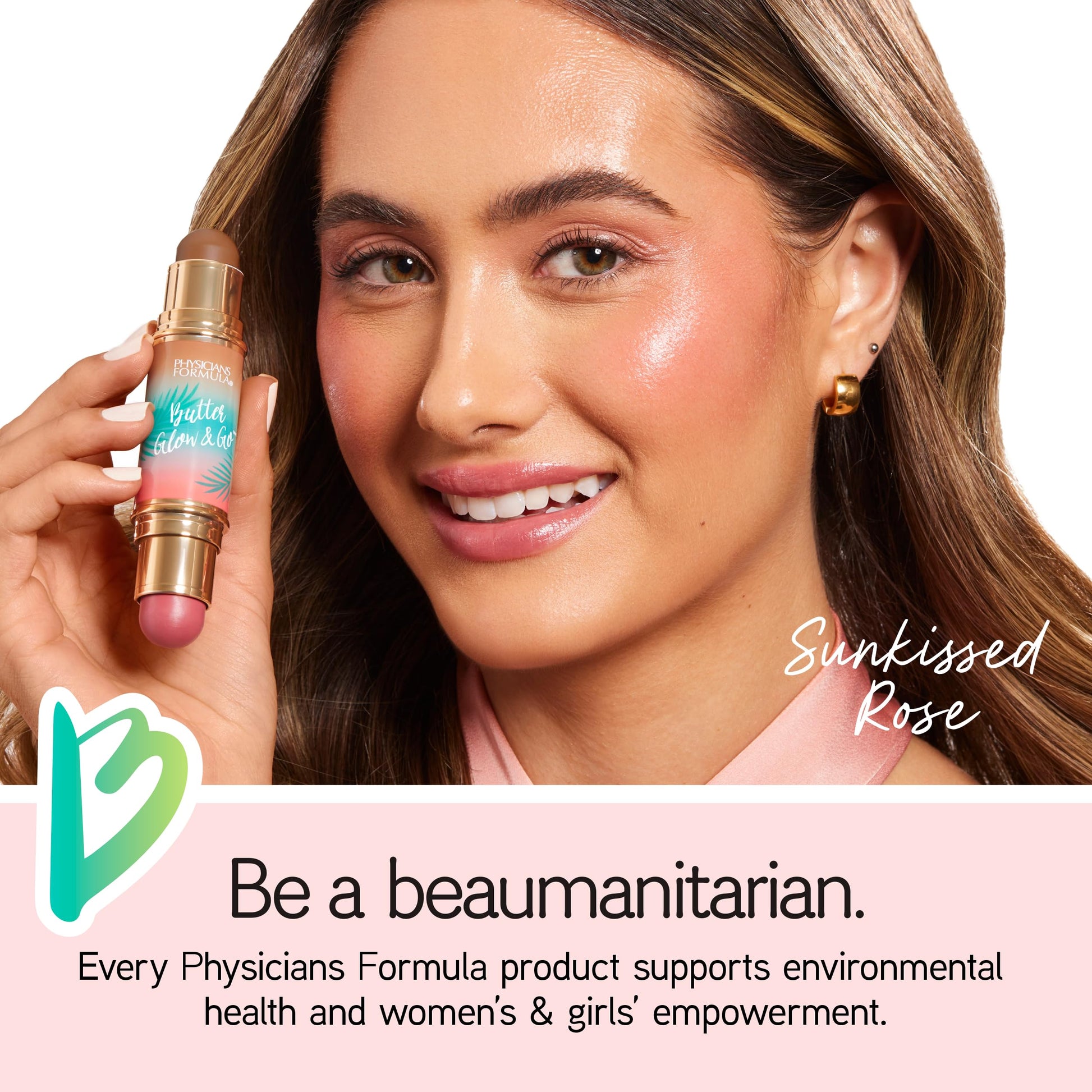Model applying Physicians Formula Sunkissed Rose stick to cheeks for a monochromatic look