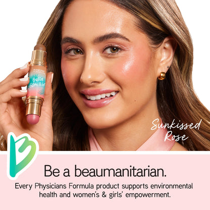 Model applying Physicians Formula Sunkissed Rose stick to cheeks for a monochromatic look