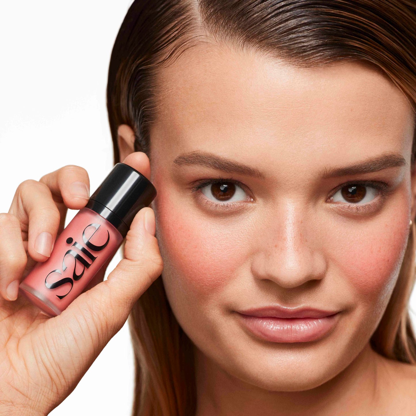 Water based gel blush side angle view emphasizing the lightweight texture.