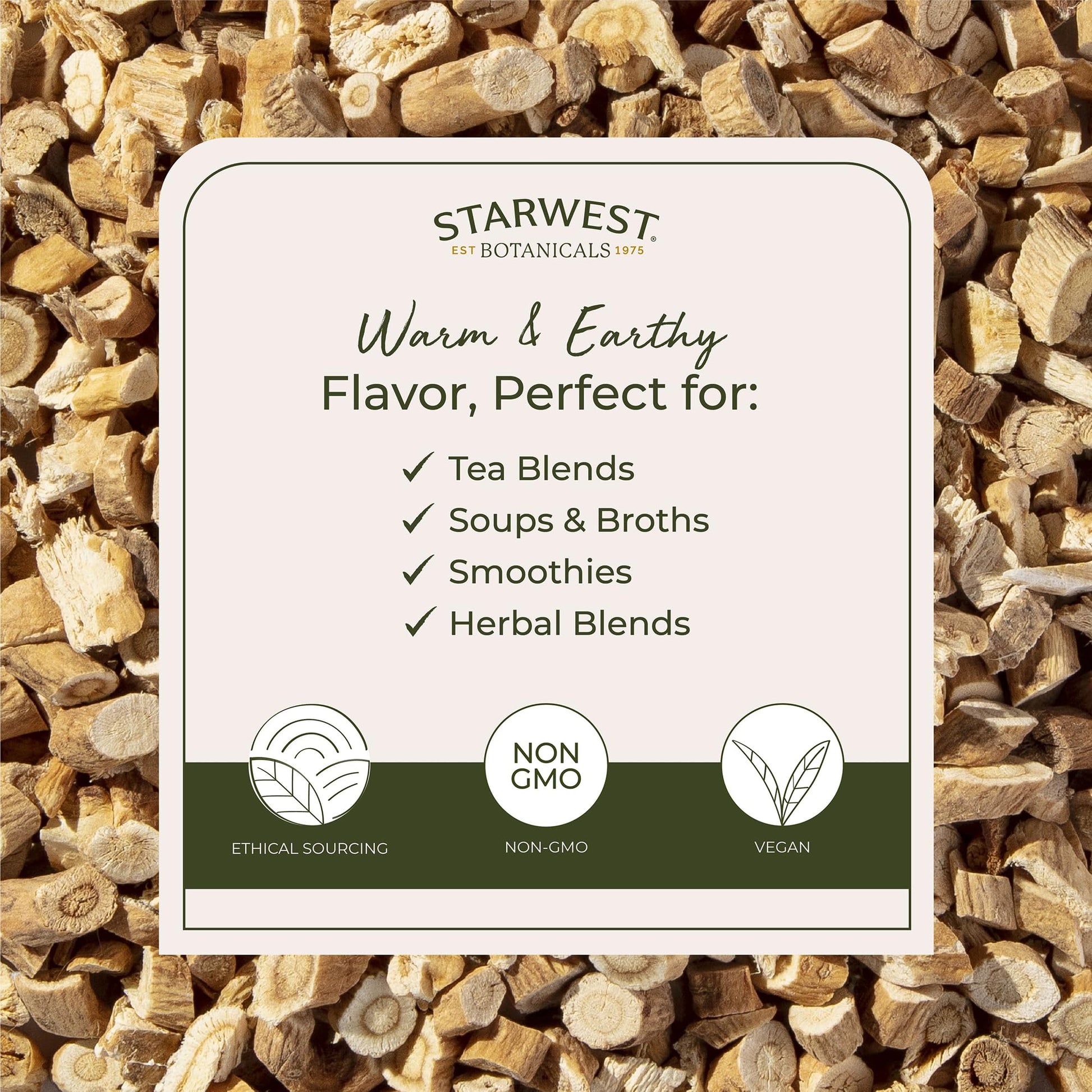 Back label of Starwest Botanicals Astragalus Root package showing kosher certification and product origin information.