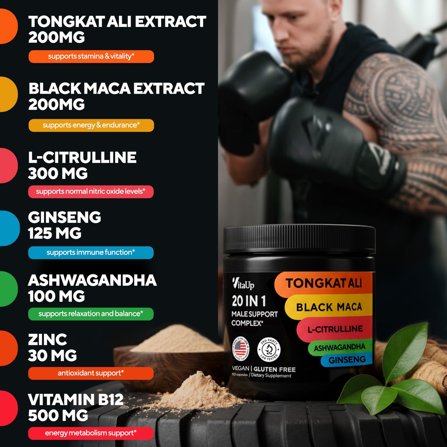 VitaUp 20-in-1 advanced formula capsules showcasing USA manufacturing and third party lab tested seals