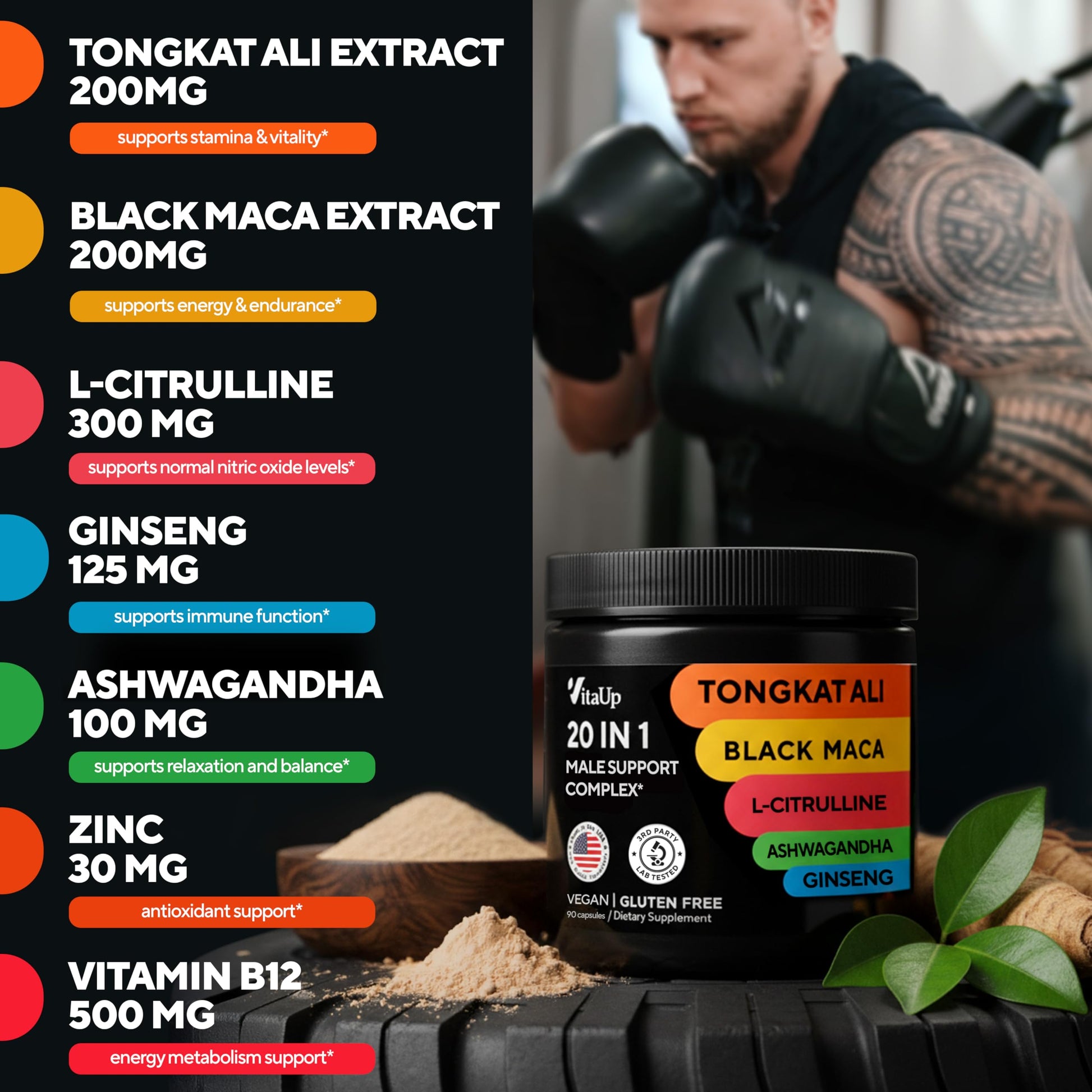 VitaUp 20-in-1 advanced formula capsules showcasing USA manufacturing and third party lab tested seals