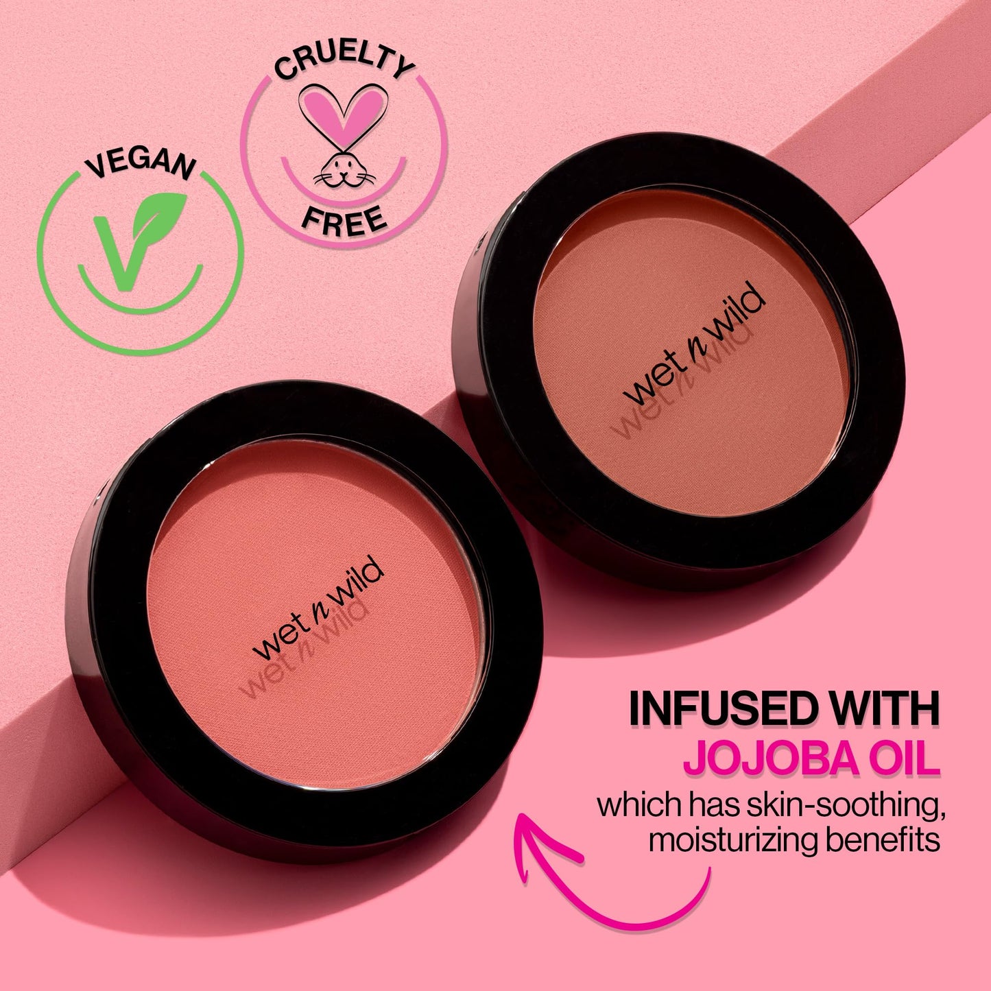 Wet n Wild Pinch Me Pink blush swatched on skin illustrating buildable pigmentation