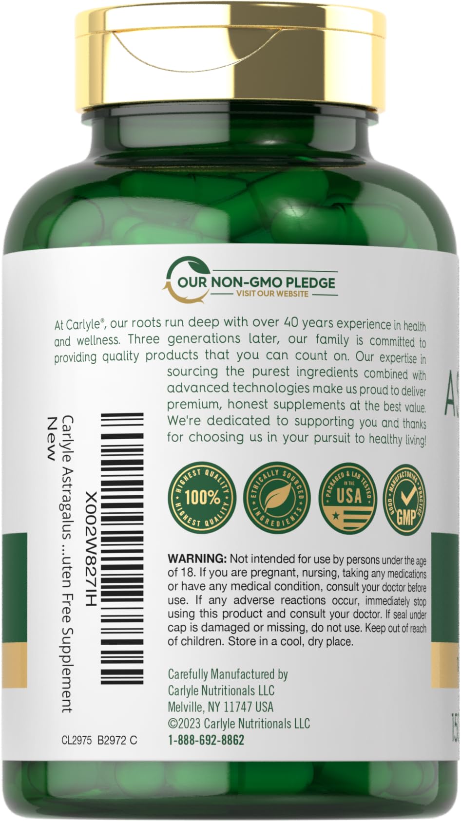 Back packaging view of Carlyle Astragalus extract displaying ingredient list and serving size details