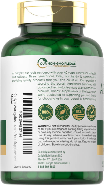 Back packaging view of Carlyle Astragalus extract displaying ingredient list and serving size details