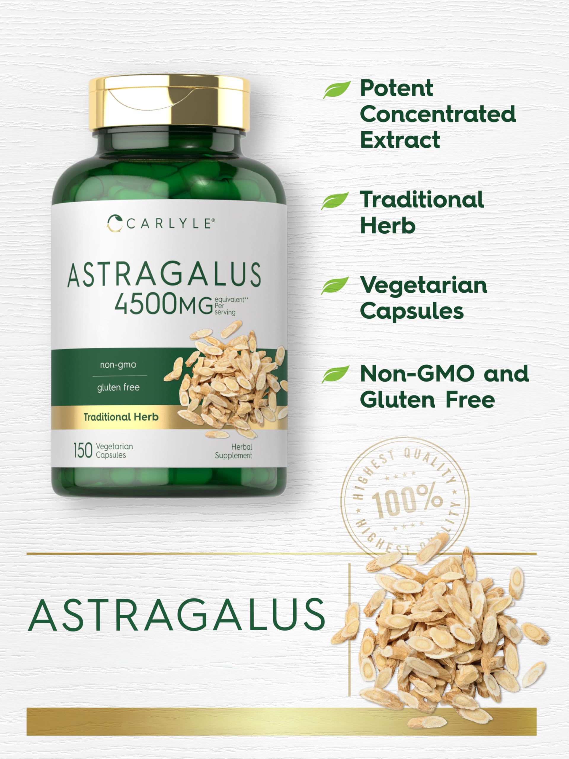 Authentic USA-imported Carlyle Astragalus Root bottle displaying the 4500mg potency equivalent info