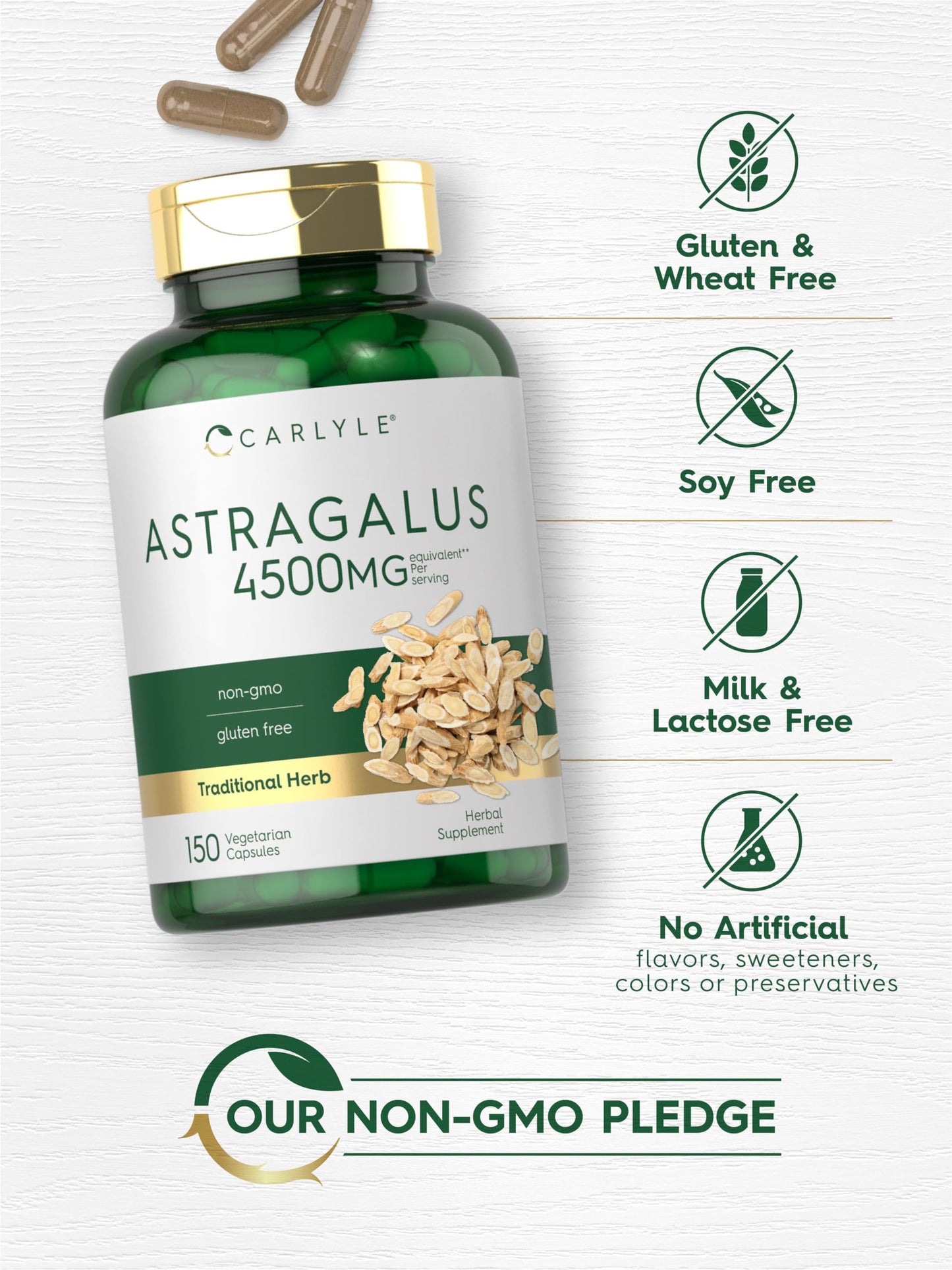 Quick release vegetarian capsules of Carlyle herbal wellness supplement placed beside the product container