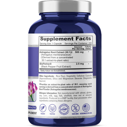 NusaPure Astragalus Root Extract supplement panel showing ingredient breakdown and serving sizes