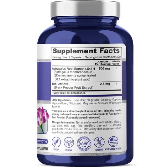 NusaPure Astragalus Root Extract supplement panel showing ingredient breakdown and serving sizes
