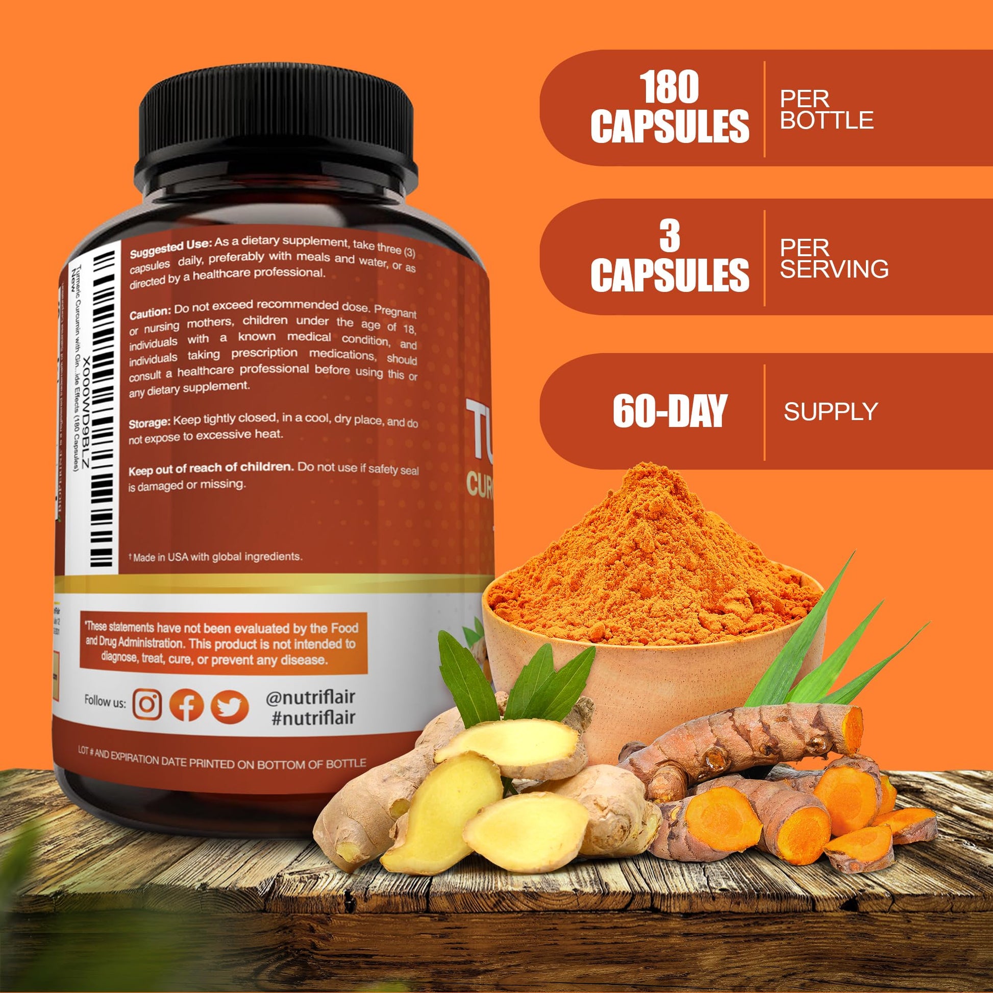 NutriFlair 2250mg turmeric supplement label details
