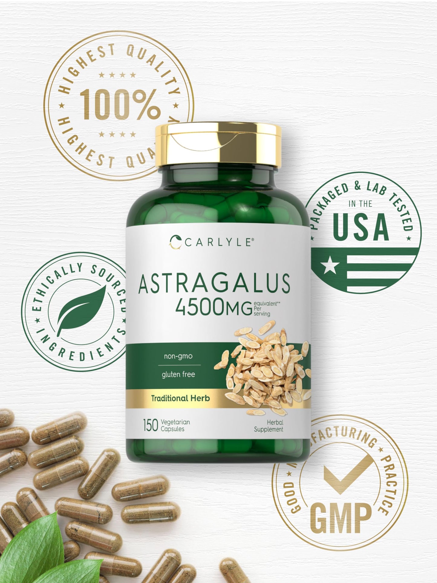 Laboratory tested Carlyle premium herbal formula bottle highlighting the 150 capsules total quantity