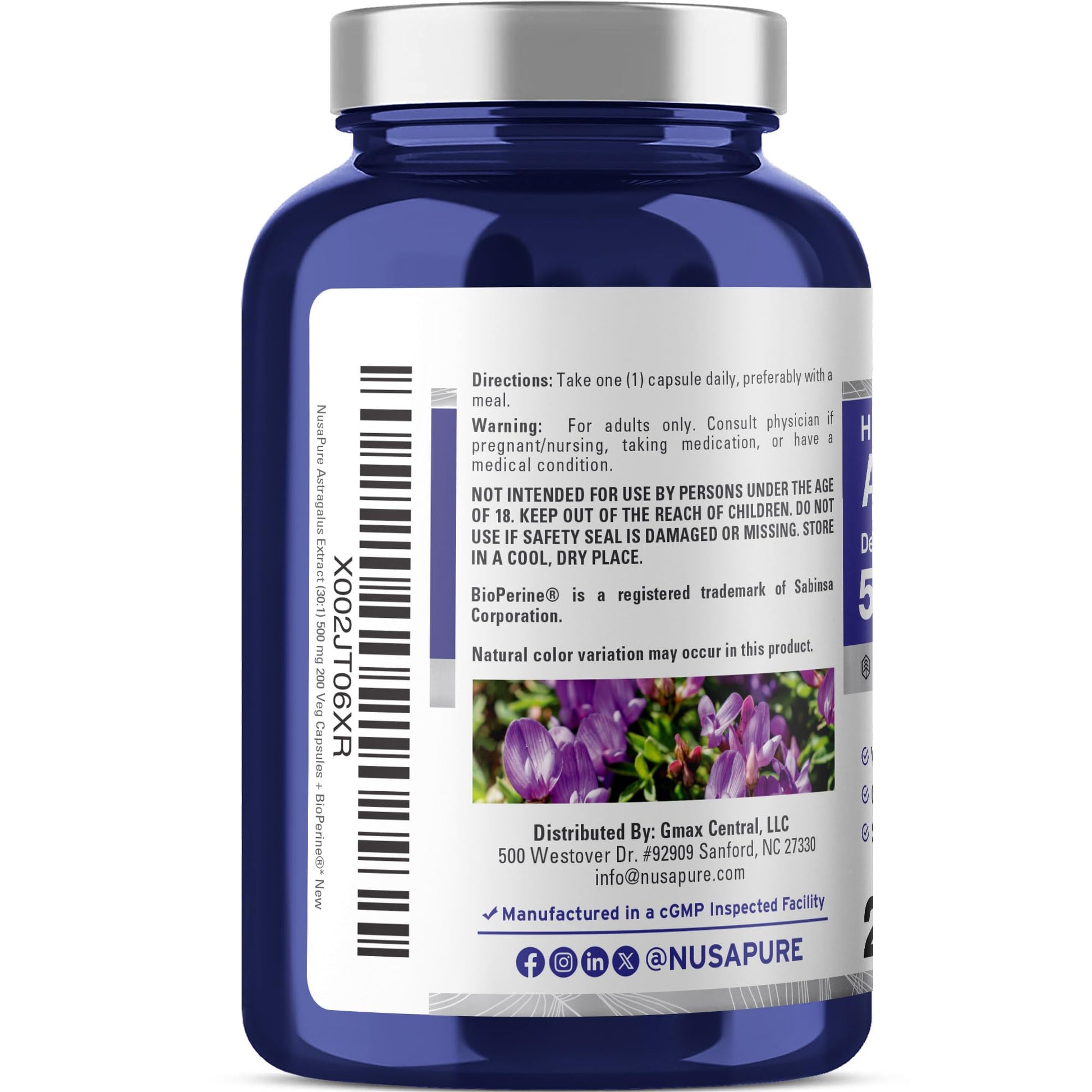 Side view of NusaPure Astragalus 15000mg equivalent bottle displaying the non-GMO and vegan seals