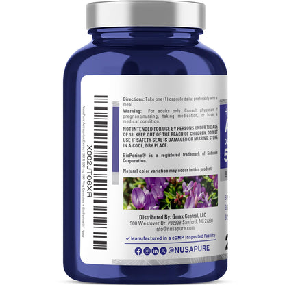 Side view of NusaPure Astragalus 15000mg equivalent bottle displaying the non-GMO and vegan seals