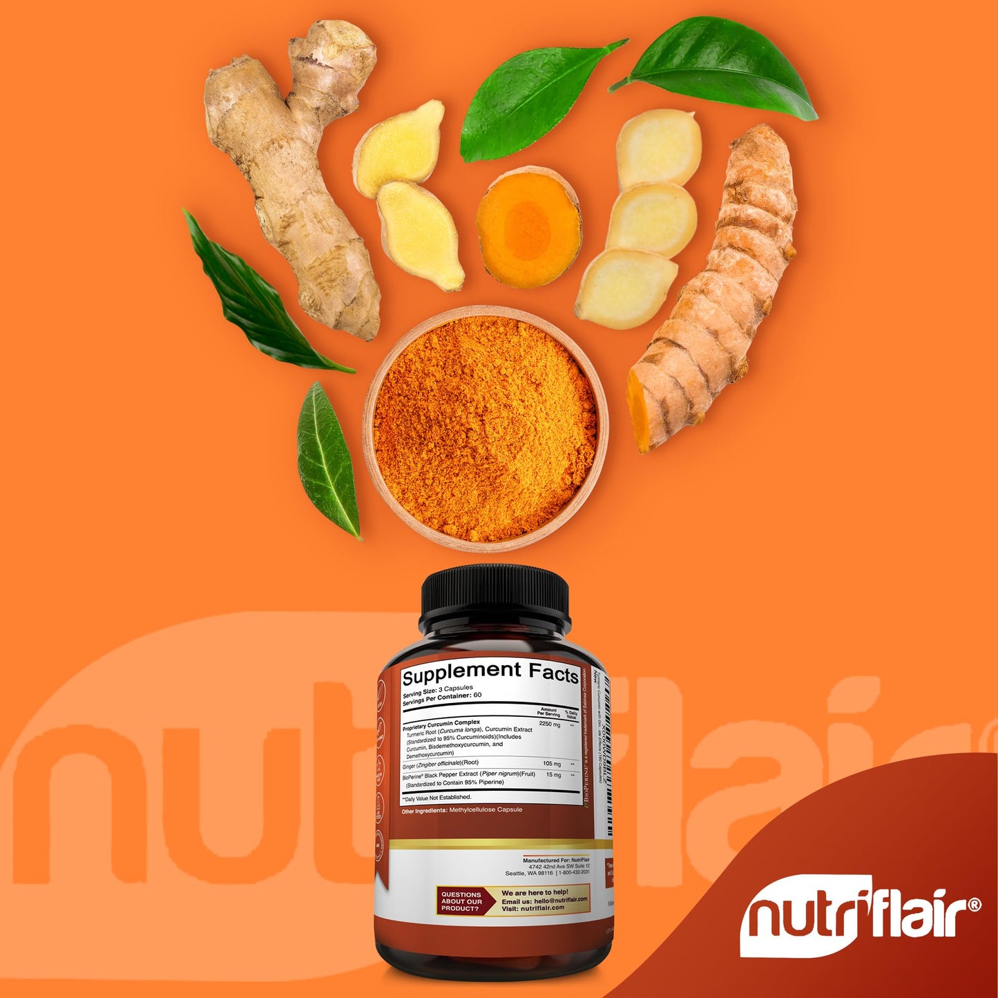 NutriFlair turmeric curcumin 180 vegetable capsules bottle
