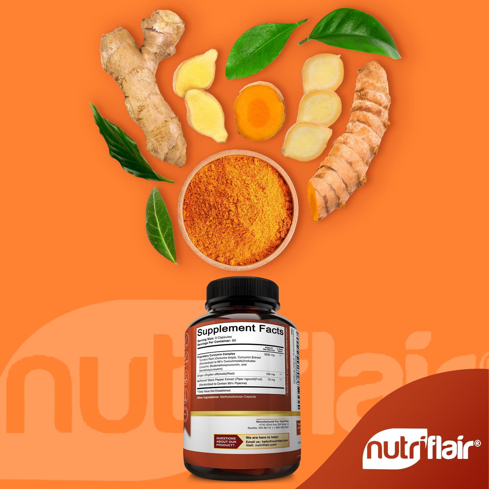 NutriFlair turmeric curcumin 180 vegetable capsules bottle