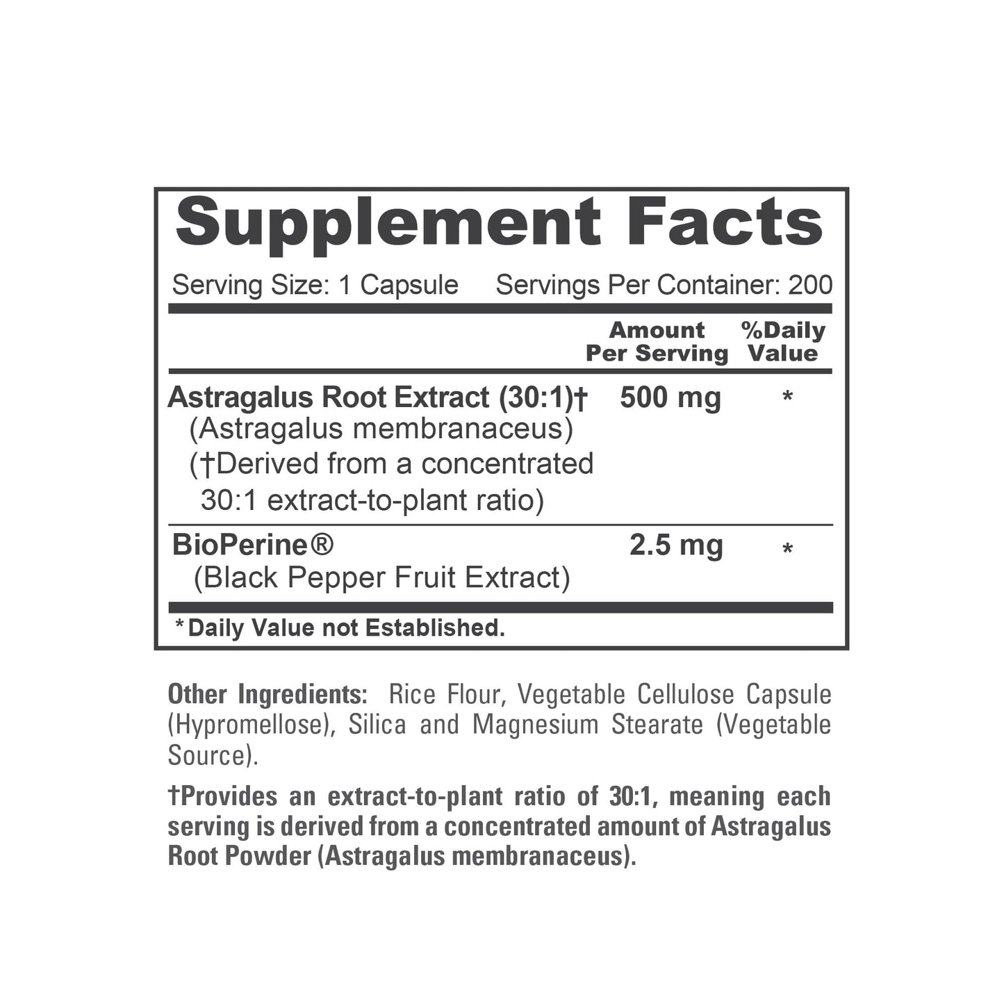 NusaPure Astragalus 30:1 extract container showing clear vegetarian capsules and manufacturing certifications