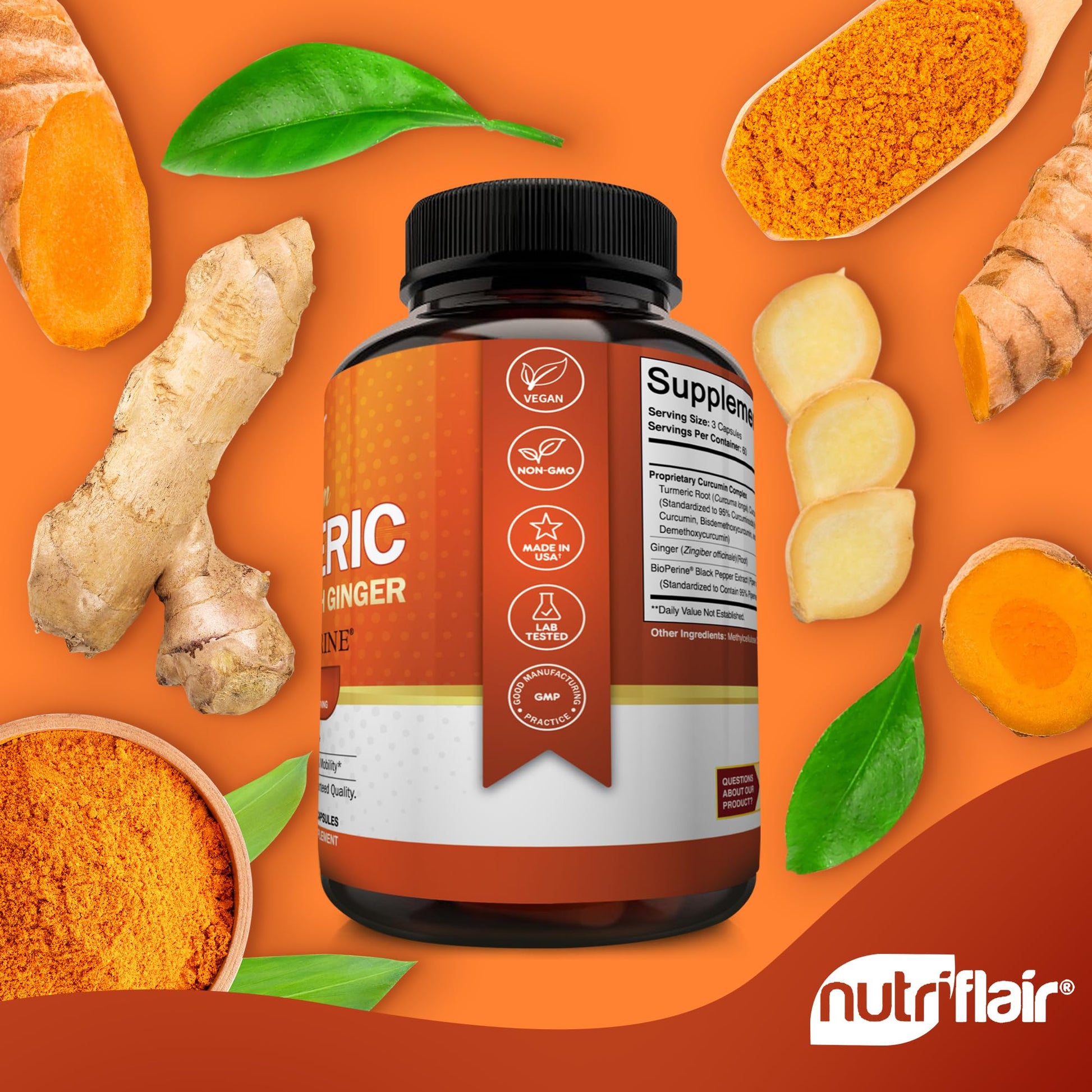 Side view of NutriFlair turmeric curcumin bottle with ingredients