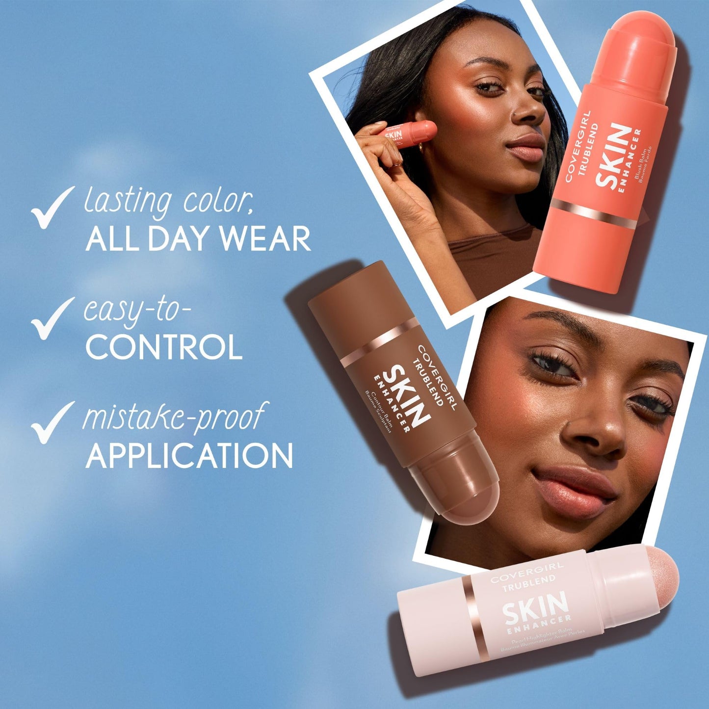 CoverGirl TruBlend blush balm stick being applied to skin for a luminous glow